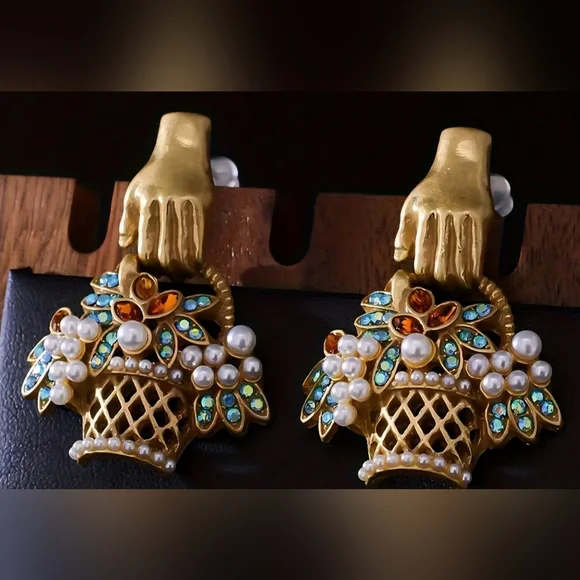 Vintage Style Gold Basket Pearl and Multistone Drop Earrings - Picture 1 of 7